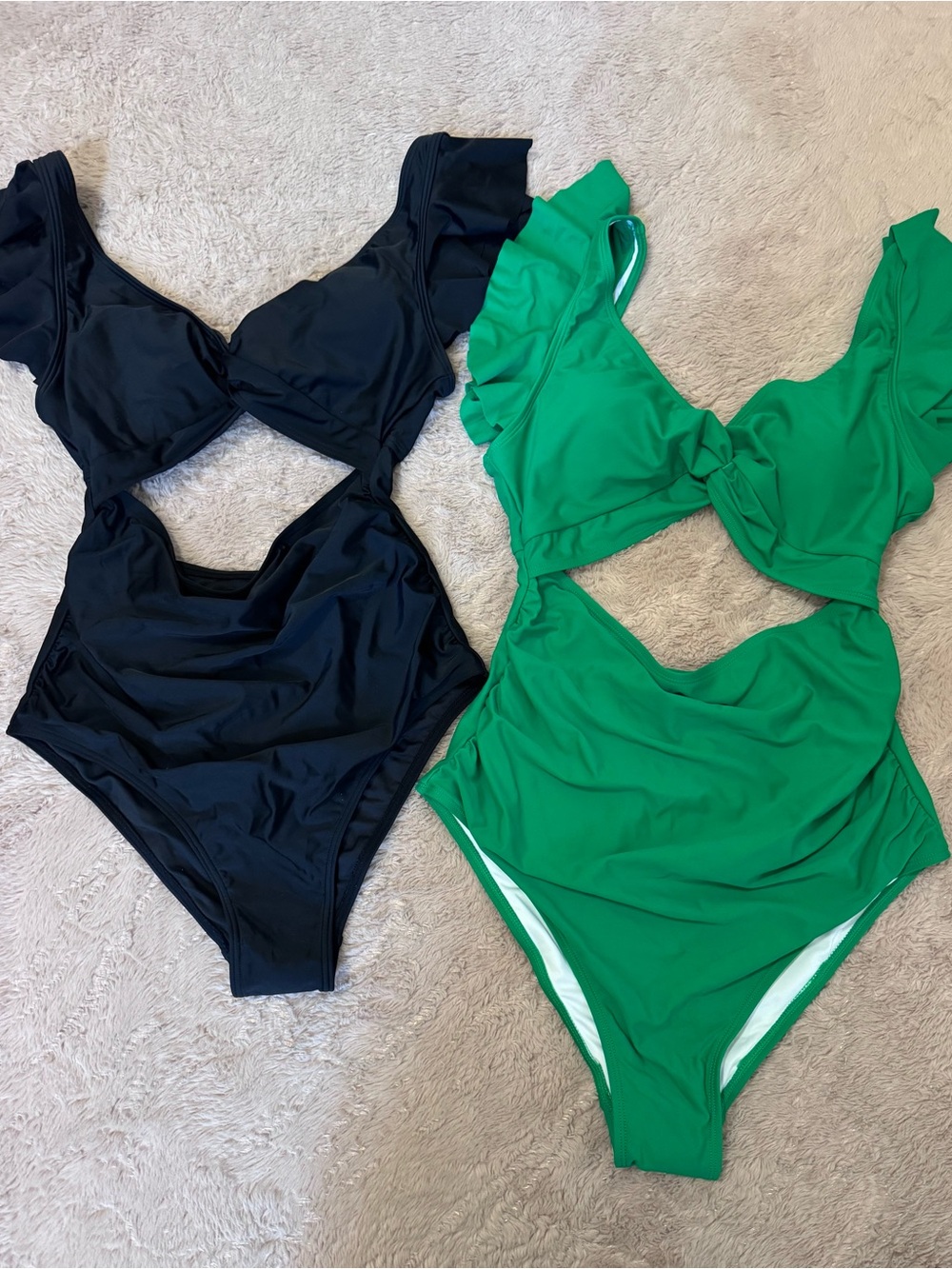 Two Ruffled One-Piece Swimsuits - One Green and One Black